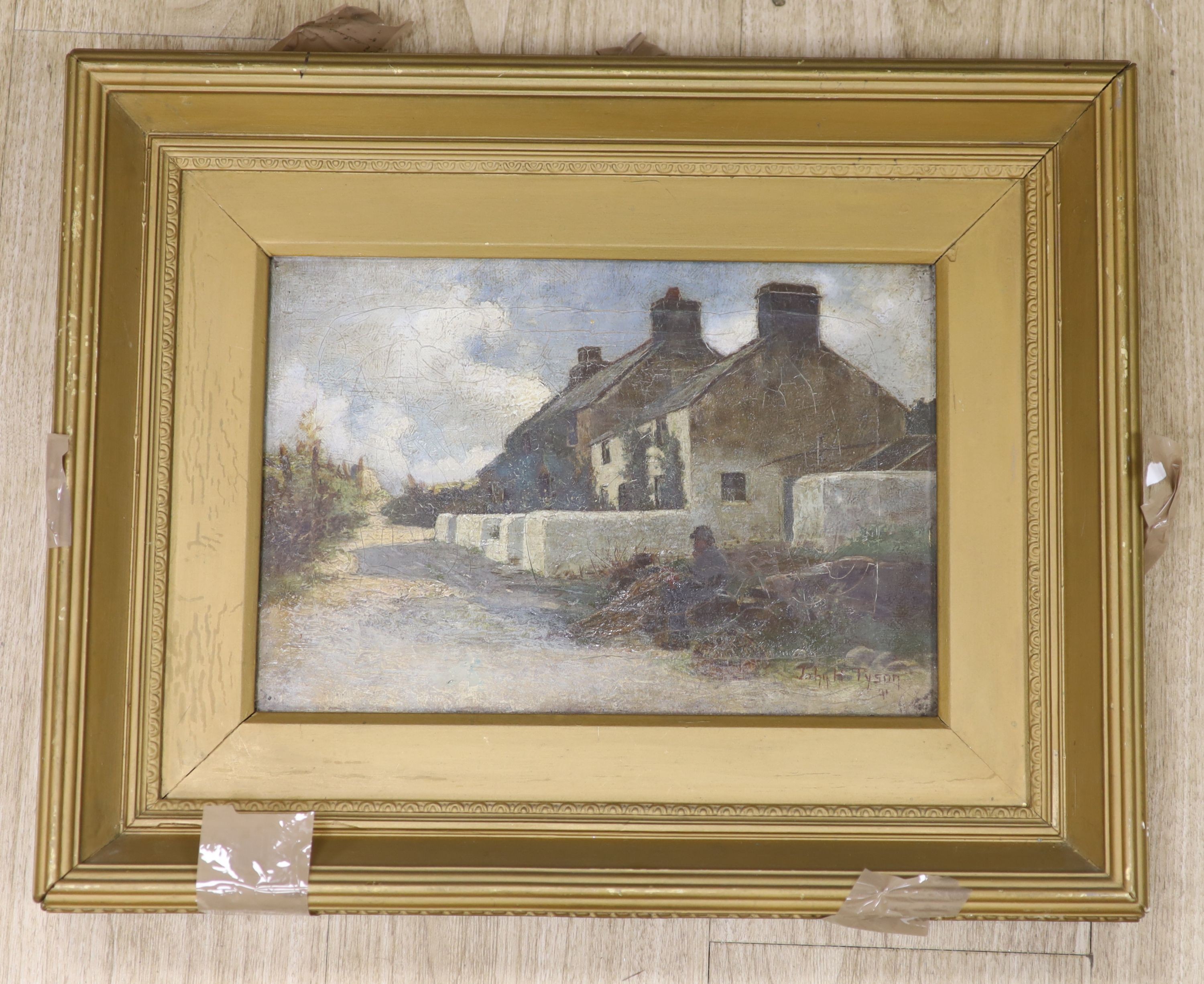 John H. Tyson (fl.1886-1905), oil on canvas, Lobster pot maker beside cottages, signed and dated '91, 22 x 32cm